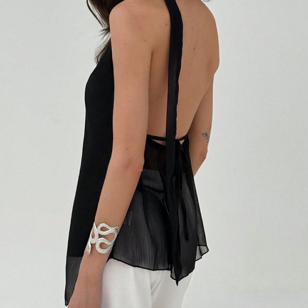 Black Sexy Women's Asymmetric Hem Backless Halter Neck Top - Picture 5 of 7